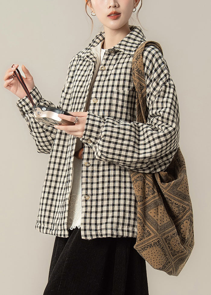 Blusa de algodón extragrande con bolsillos a cuadros negros y cuello Peter Pan