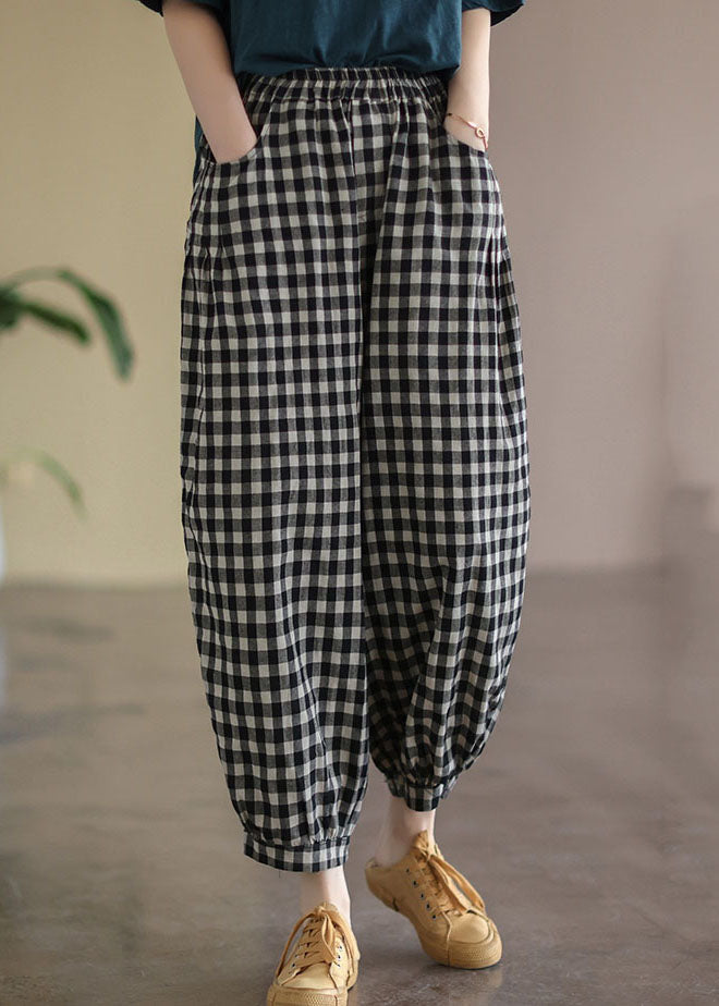 Schwarze karierte Taschen Plus Size Leinen High Waist Crop Pants Sommer