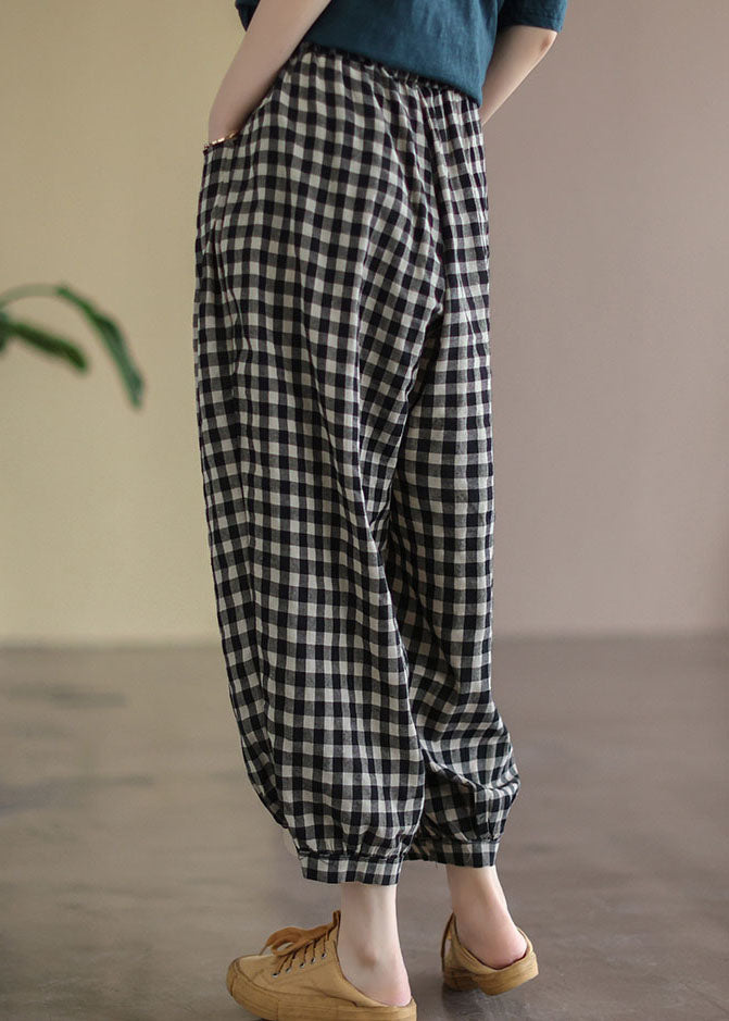 Schwarze karierte Taschen Plus Size Leinen High Waist Crop Pants Sommer