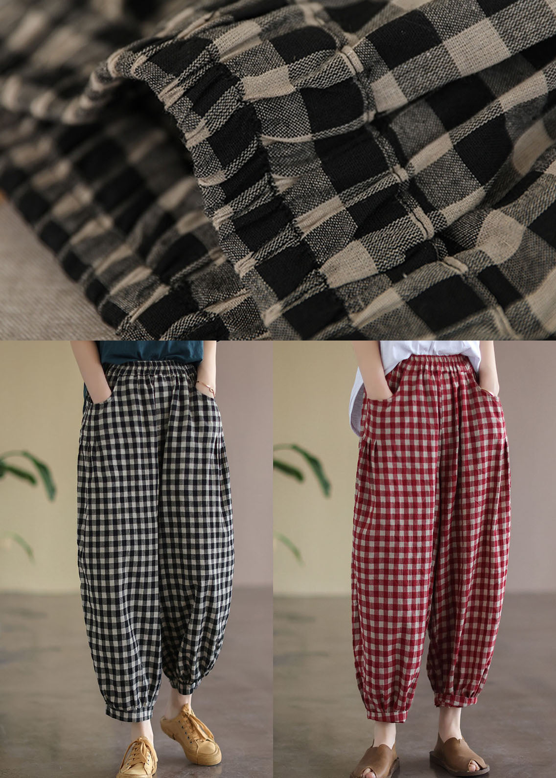 Schwarze karierte Taschen Plus Size Leinen High Waist Crop Pants Sommer