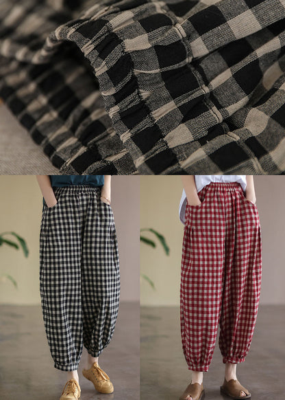 Schwarze karierte Taschen Plus Size Leinen High Waist Crop Pants Sommer