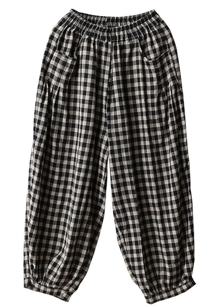 Schwarze karierte Taschen Plus Size Leinen High Waist Crop Pants Sommer
