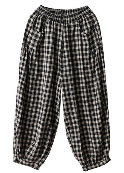 Schwarze karierte Taschen Plus Size Leinen High Waist Crop Pants Sommer