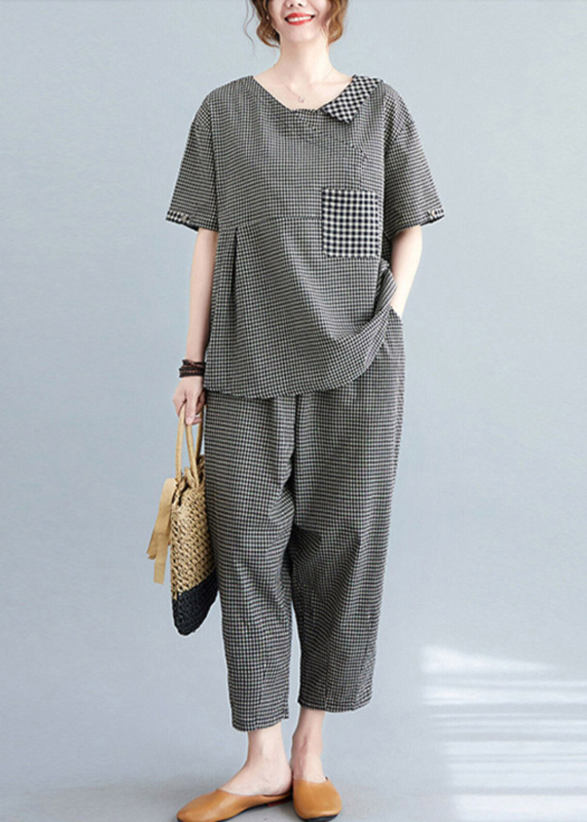 Black Plaid Wrinkled Patchwork T Shirt And Crop Pants Two Piece Set Short Sleeve
