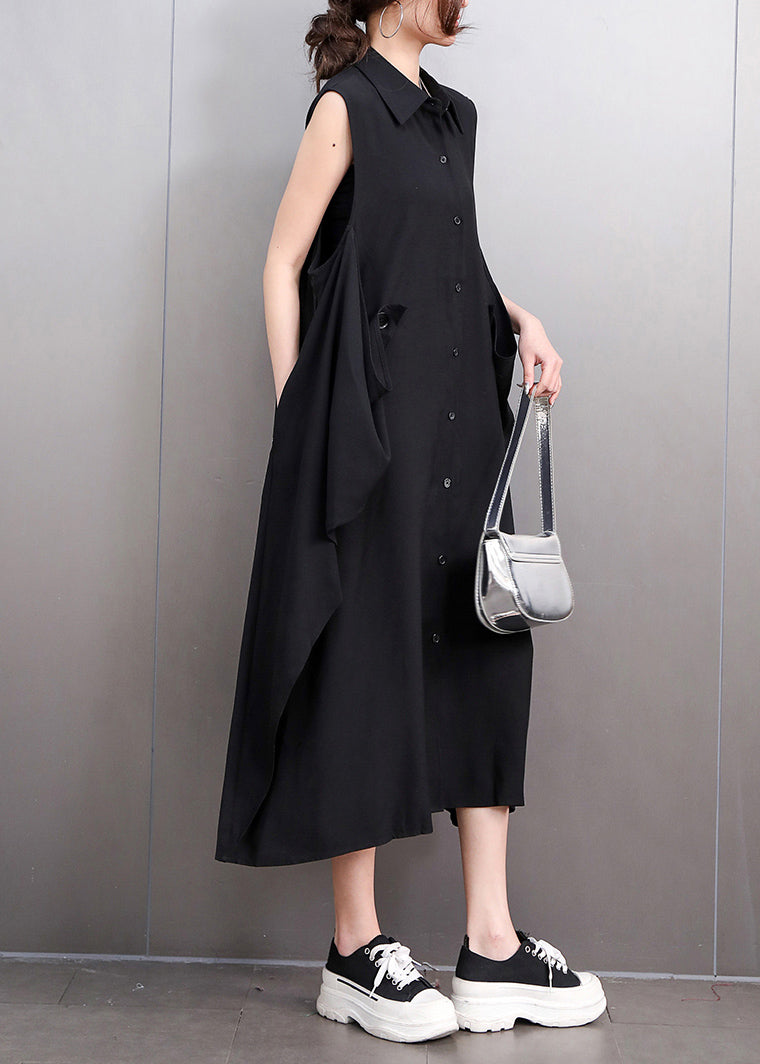 Black Pockets Button Maxi Dresses Summer