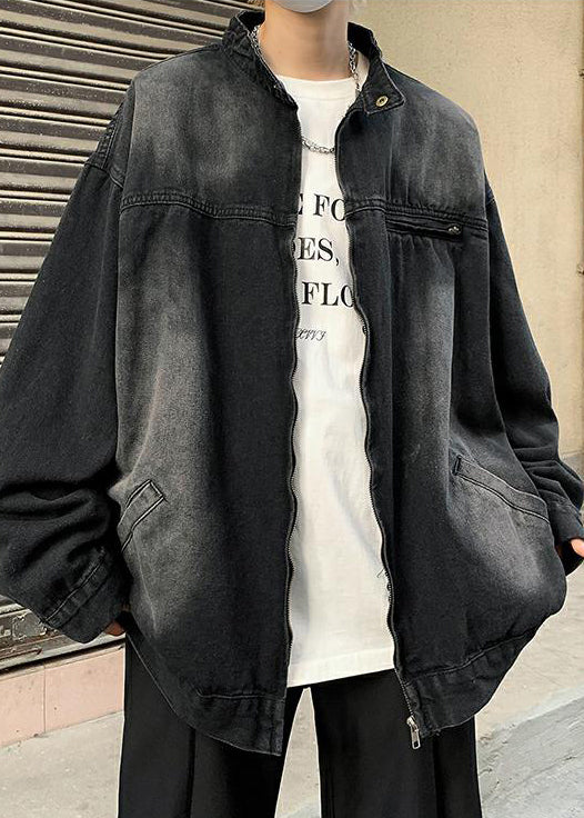 Black Pockets Denim Fall Mens Coats Stand Collar
