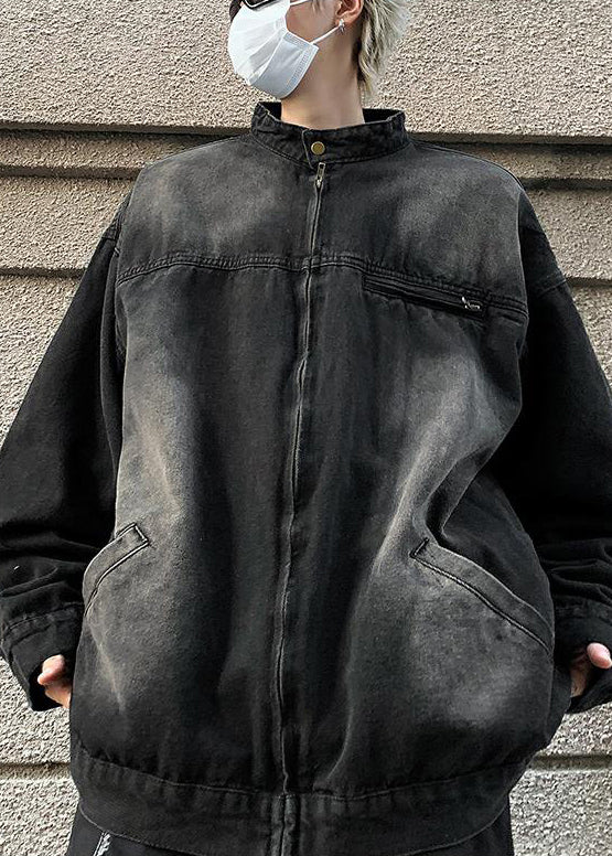 Black Pockets Denim Fall Mens Coats Stand Collar