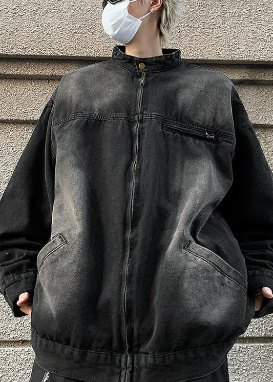 Black Pockets Denim Fall Mens Coats Stand Collar