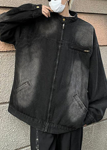 Black Pockets Denim Fall Mens Coats Stand Collar
