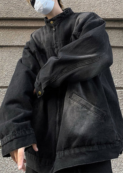 Black Pockets Denim Fall Mens Coats Stand Collar