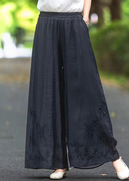 Black Pockets Elastic Waist Silk Summer Pants Embroidered