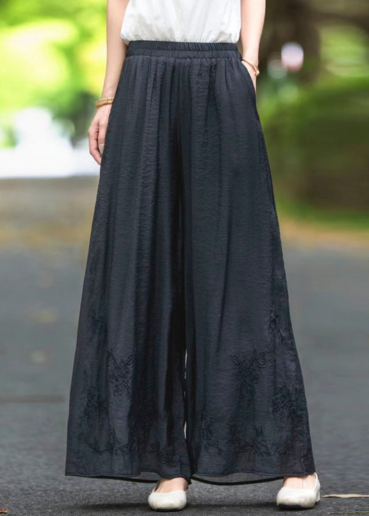 Black Pockets Elastic Waist Silk Summer Pants Embroidered