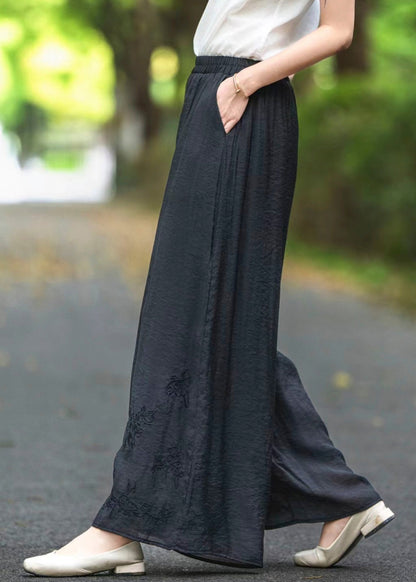 Black Pockets Elastic Waist Silk Summer Pants Embroidered