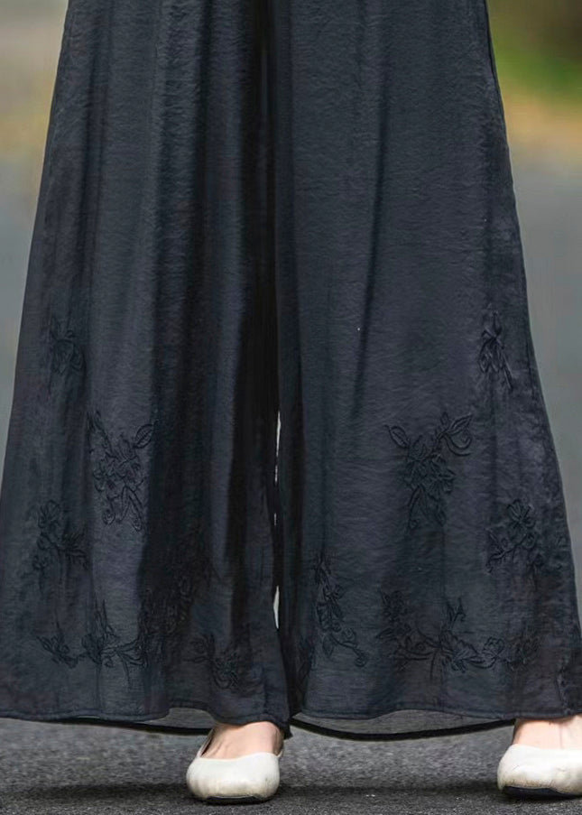 Black Pockets Elastic Waist Silk Summer Pants Embroidered