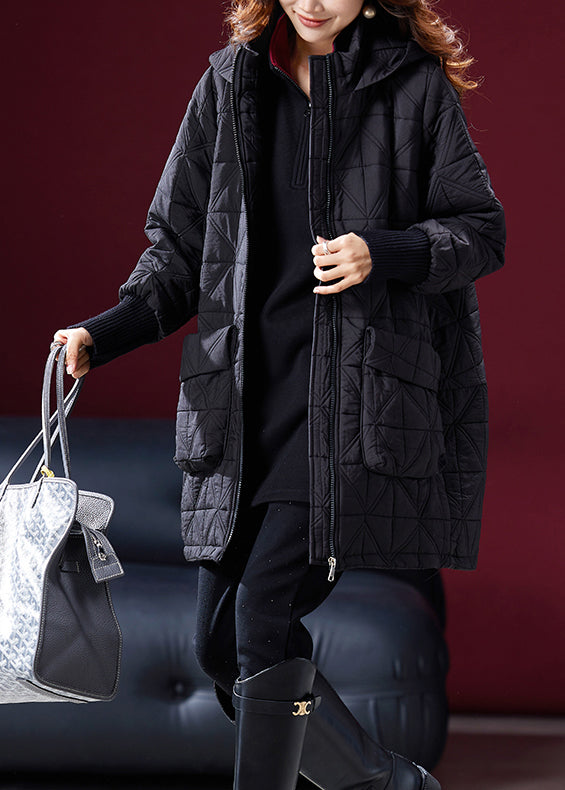 Black Pockets Fine Cotton Filled Parka Coats Hooded Winter
