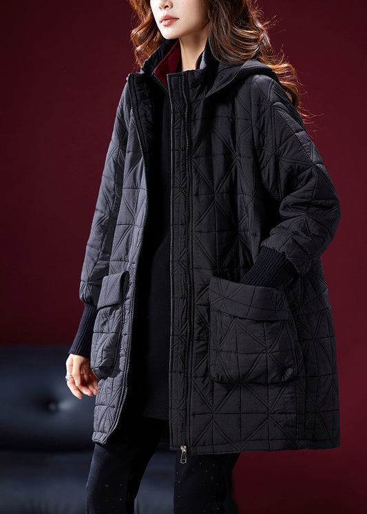 Schwarze Parkas mit Taschen, gefüllt mit feiner Baumwolle, Kapuze, Winterjacke