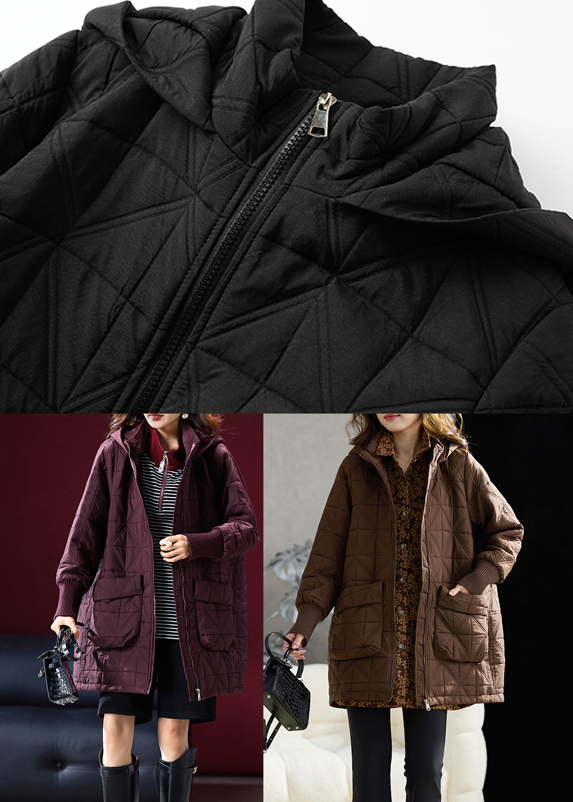 Black Pockets Fine Cotton Filled Parka Coats Hooded Winter