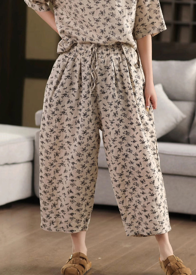 Black Pockets Linen Summer Crop Pants Elastic Waist