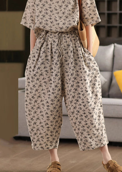 Black Pockets Linen Summer Crop Pants Elastic Waist