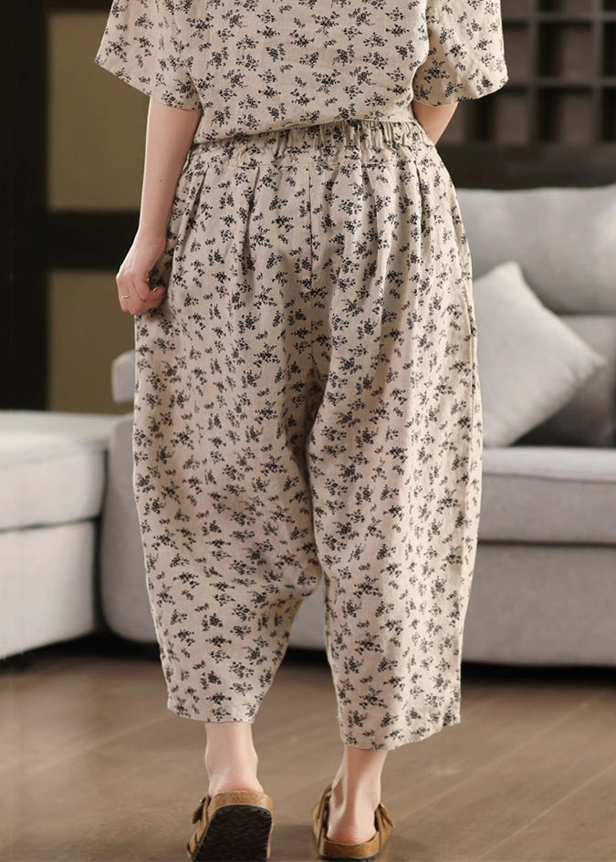 Black Pockets Linen Summer Crop Pants Elastic Waist