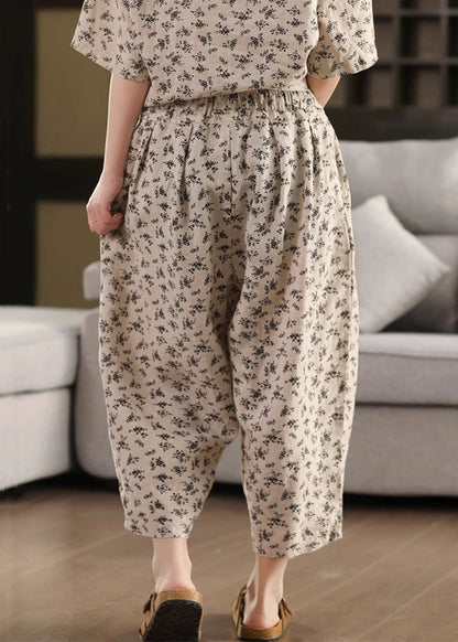 Black Pockets Linen Summer Crop Pants Elastic Waist