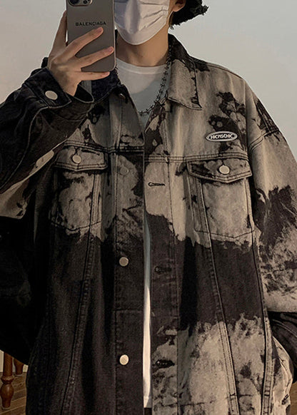 Black Pockets Loose Denim Fall Men Coat Peter Pan Collar
