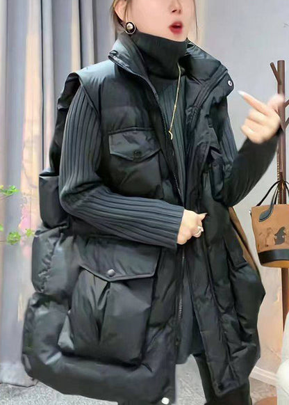 Black Pockets Oversized Cotton Filled Waistcoat Stand Collar