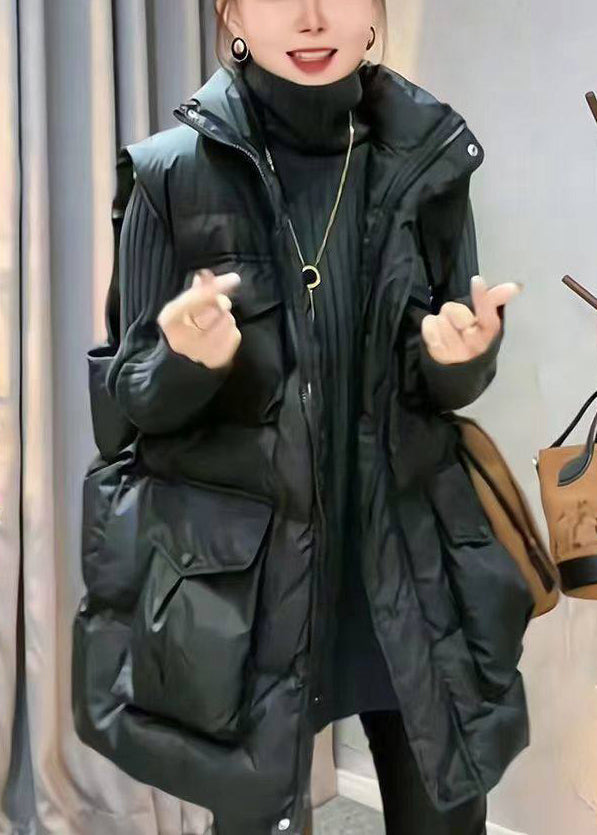 Black Pockets Oversized Cotton Filled Waistcoat Stand Collar