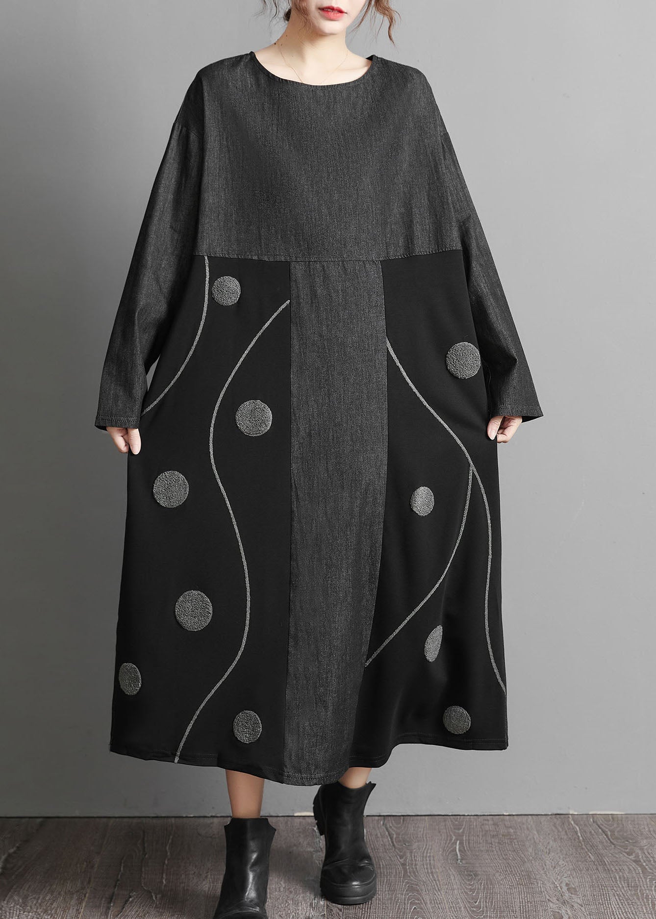 Schwarze Taschen Patchwork Denim Maxikleider bestickt Frühling