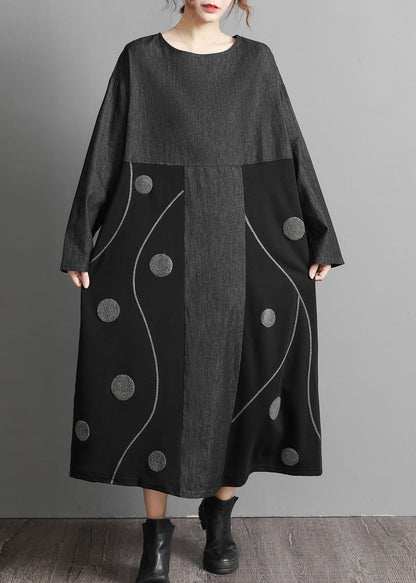 Schwarze Taschen Patchwork Denim Maxikleider bestickt Frühling