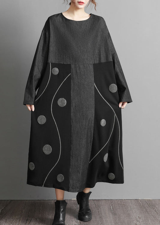 Schwarze Taschen Patchwork Denim Maxikleider bestickt Frühling