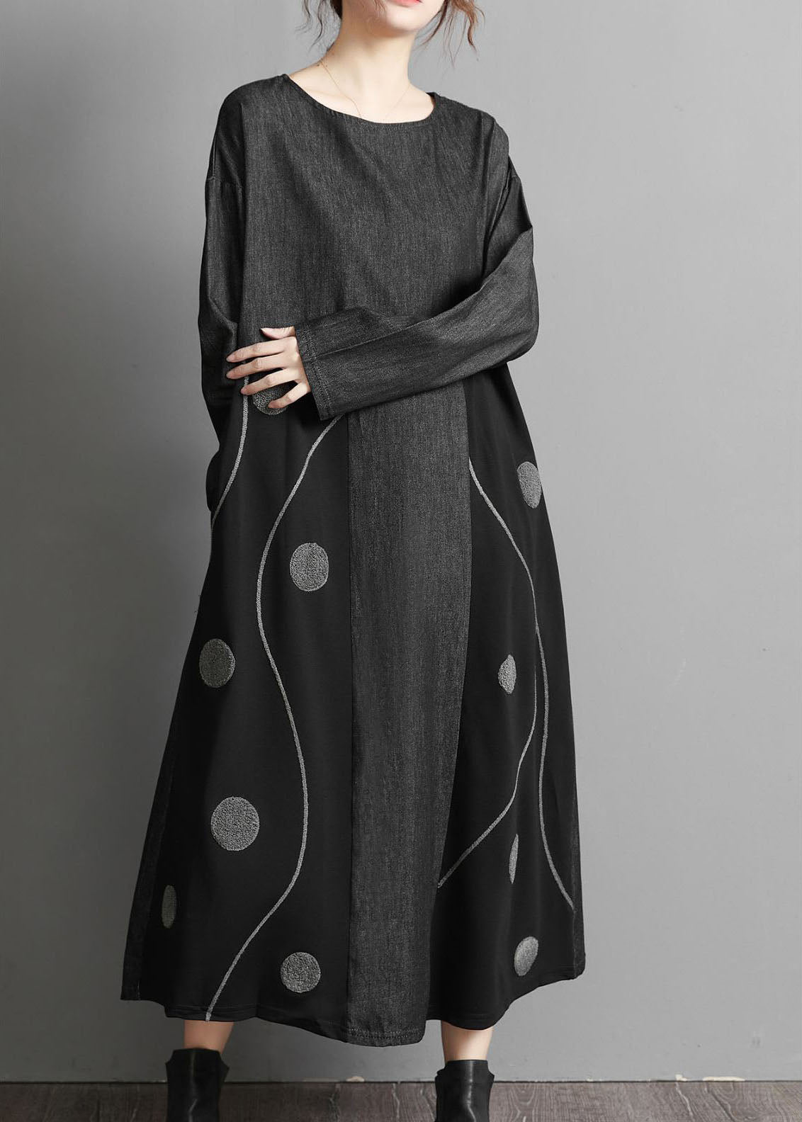 Schwarze Taschen Patchwork Denim Maxikleider bestickt Frühling