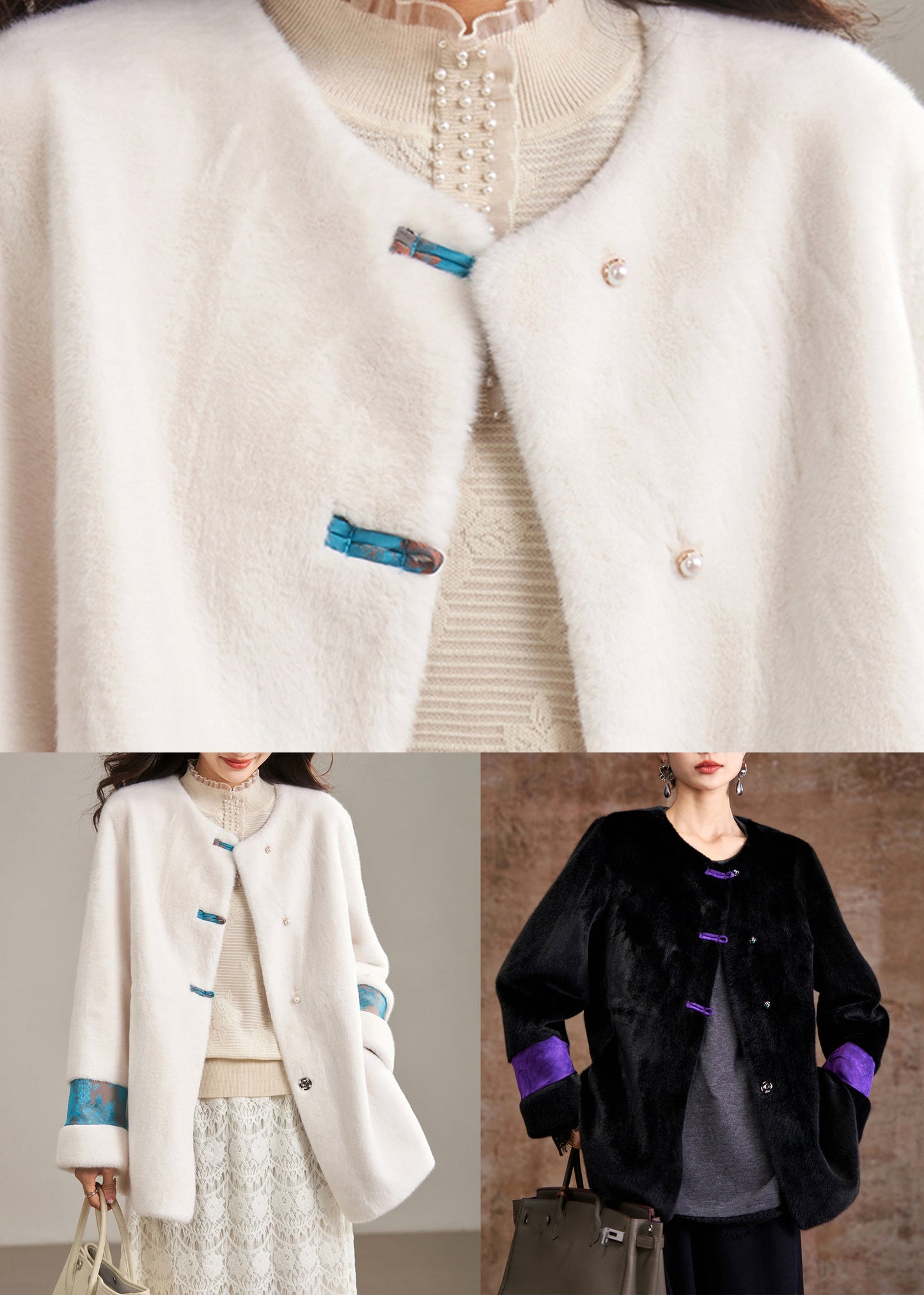 Schwarzer Wintermantel aus Leder und Pelz mit Taschenmuster und Pelzbesatz