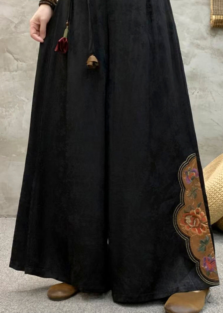 Schwarze Seidenhose mit Taschen, besticktem elastischem Bund, Herbst