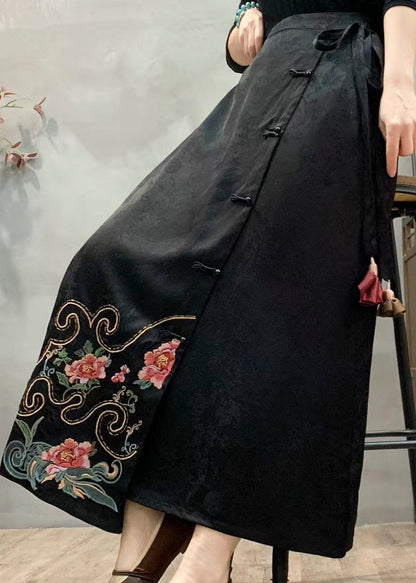 Black Pockets Silk Skirt Embroidered Oriental Button Fall