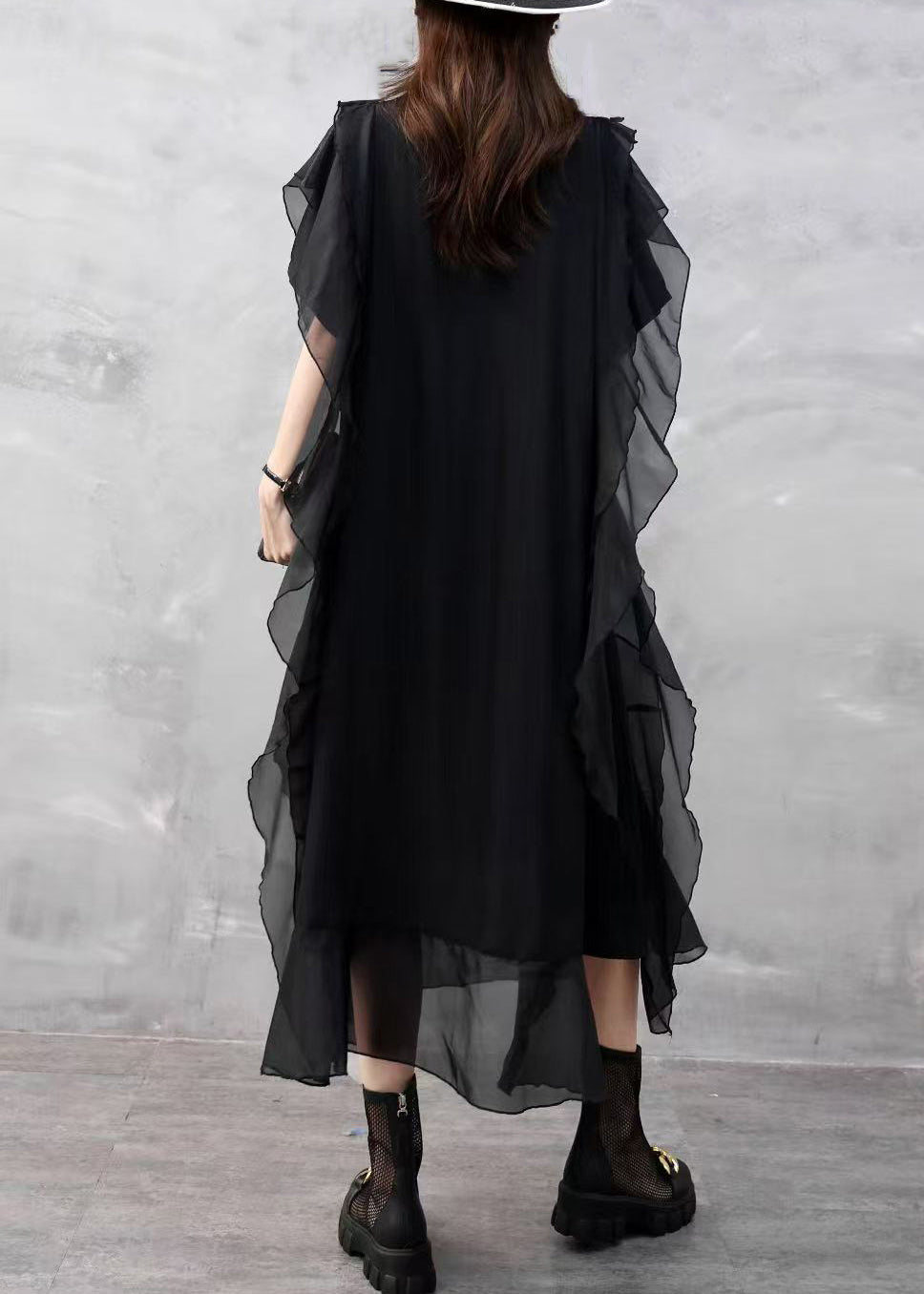 Black Pockets Solid Chiffon Summer Dresses O Neck