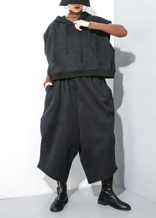 Black Pockets Warm Fleece Two Pieces Set drawstring Sleeveless waistcoat
