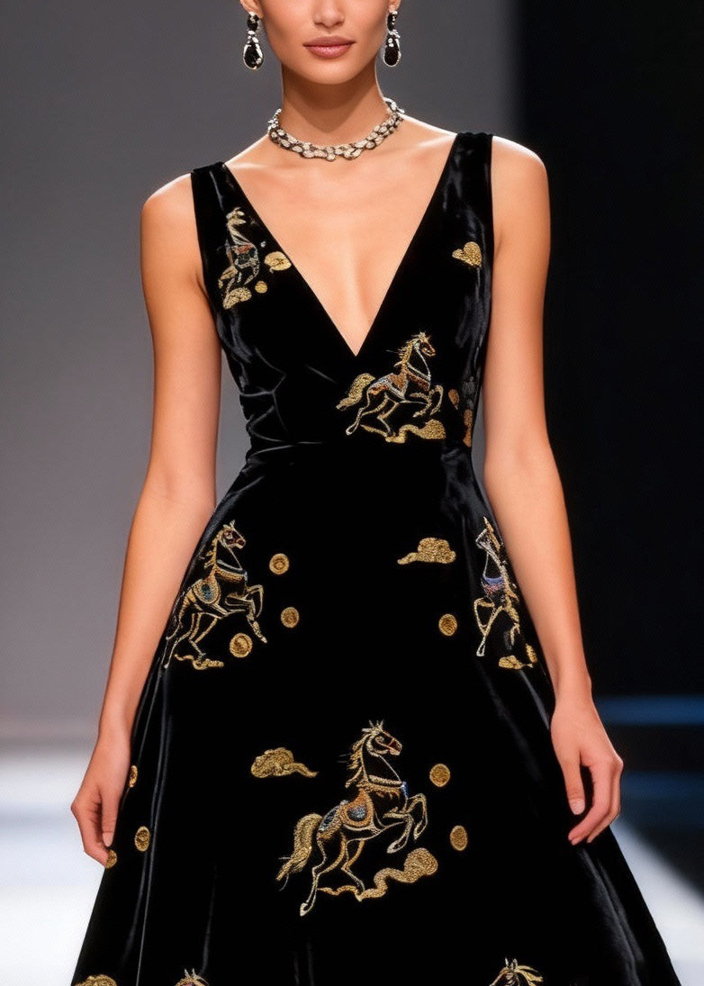 Black Print High Waist Silk Velvet Long Dresses V Neck Summer