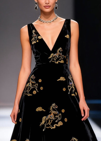 Black Print High Waist Silk Velvet Long Dresses V Neck Summer