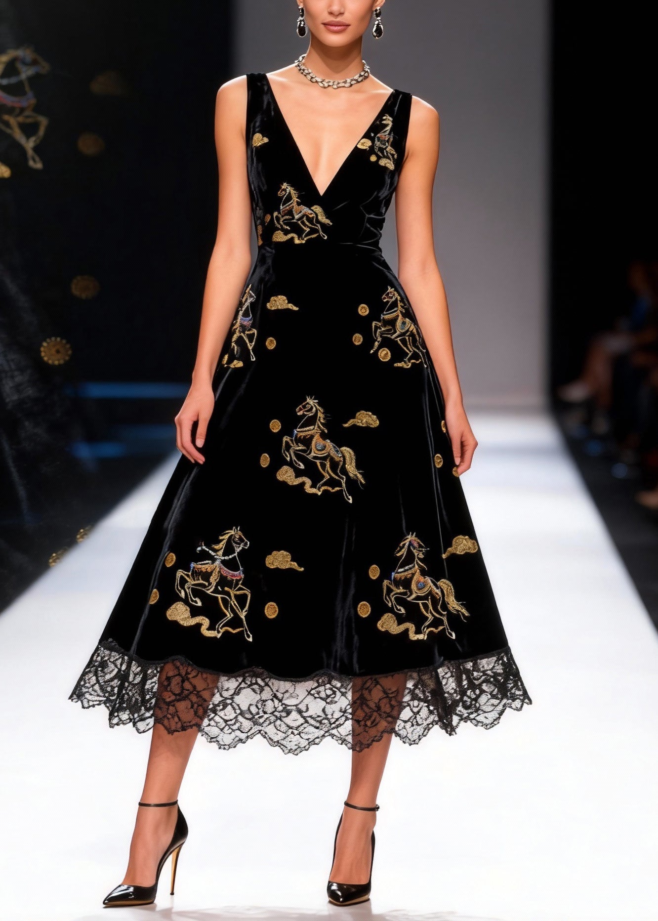 Black Print High Waist Silk Velvet Long Dresses V Neck Summer