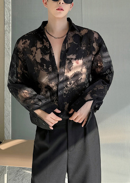 Black Print Hollow Out Tulle Men Shirts Oversized Summer