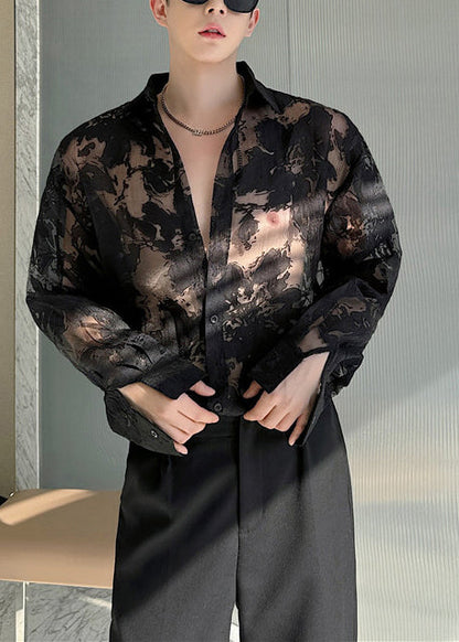 Black Print Hollow Out Tulle Men Shirts Oversized Summer