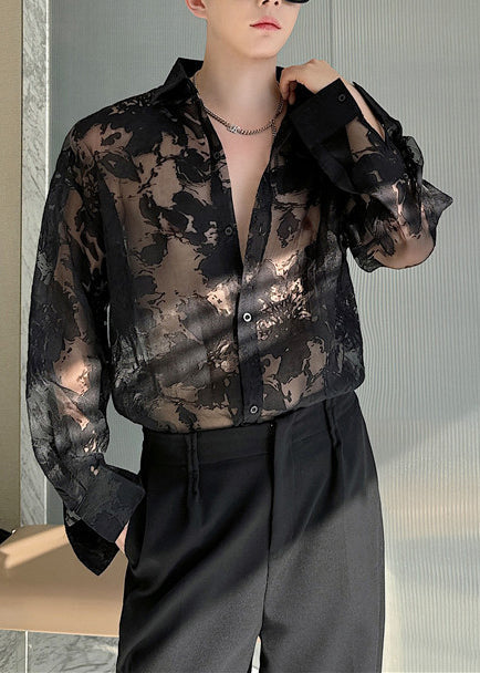 Black Print Hollow Out Tulle Men Shirts Oversized Summer