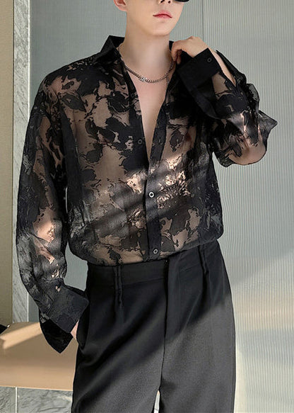 Black Print Hollow Out Tulle Men Shirts Oversized Summer