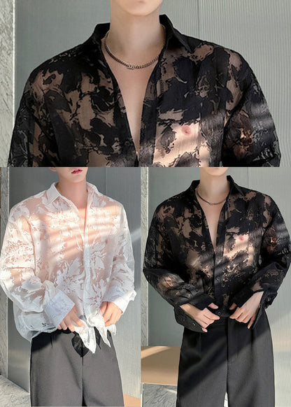 Black Print Hollow Out Tulle Men Shirts Oversized Summer