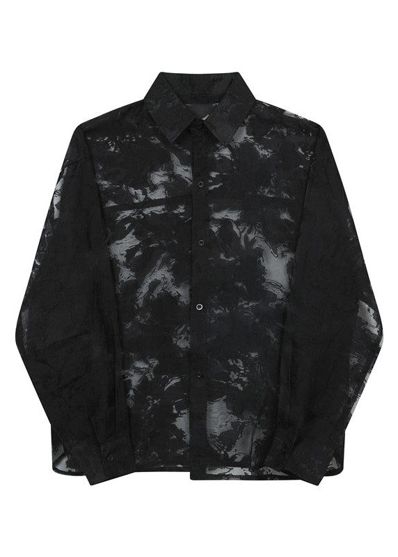 Black Print Hollow Out Tulle Men Shirts Oversized Summer