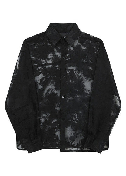 Black Print Hollow Out Tulle Men Shirts Oversized Summer