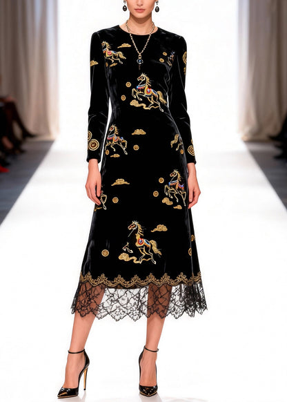Black Print Horse Silk Velvet Long Dress O-Neck Spring