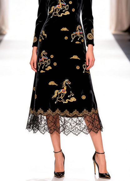 Black Print Horse Silk Velvet Long Dress O-Neck Spring