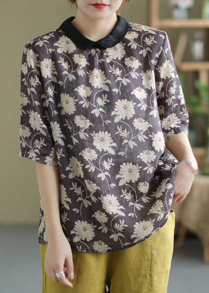 Camisa de lino con estampado patchwork negro y cuello Peter Pan para verano